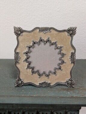 Vintage Square Pewter Cream Colored Enamel Rhinestone Jeweled Frame 5x5 Floral
